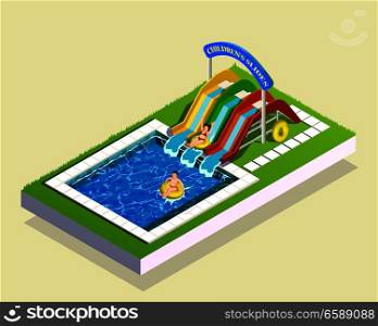 Water park children isometric composition of small waterslides and swimming bath images with kids on tubes vector illustration. Water Play Park Composition