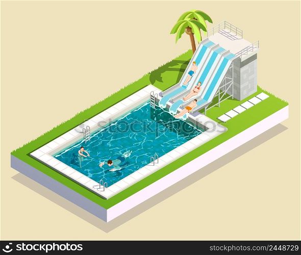 Water park friends isometric composition of outdoor aquapark waterslide running into swimming bath inflated with water vector illustration. Water Park Pool Composition
