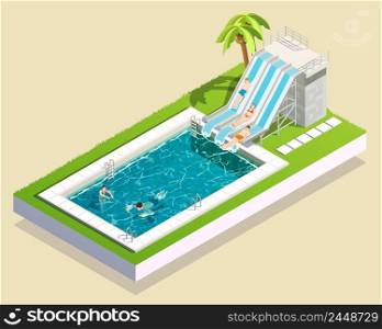 Water park friends isometric composition of outdoor aquapark waterslide running into swimming bath inflated with water vector illustration. Water Park Pool Composition