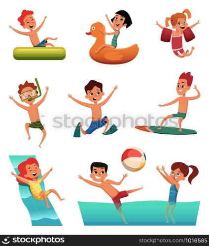 Water park games. Fun of children aqua activities with water swimming pool kids on rubber rings or mattress vector characters. Illustration of summer activity in pool, happy children in water park. Water park games. Fun of children aqua activities with water swimming pool kids on rubber rings or mattress vector characters