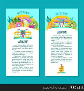 Water park. Hello summer. Vector clipart.. Water park. Water slides, summer fun on the water. Summer vacation, tropical fruits, nature, recreation. Vector clipart.