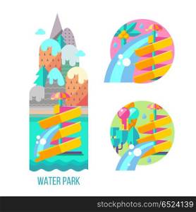 Water park. Hello summer. Vector clipart.. Water park. Water slides, summer fun on the water. Summer vacation, tropical fruits, nature, recreation. Vector clipart.