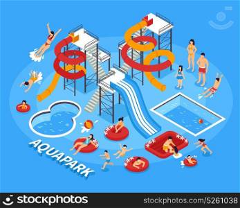 Water Park Illustration. Water park and swimming with people and recreation symbols isometric vector illustration