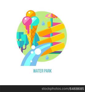 Water park. Vector illustration, logo, emblem. Water slide and ice cream. Summer holiday.