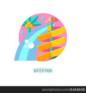 Water park. Vector illustration, logo, emblem. Water slide and palm tree. Summer holiday.