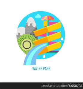 Water park. Vector illustration, logo, emblem. Water slide, mountains and kiwi. Summer holiday.