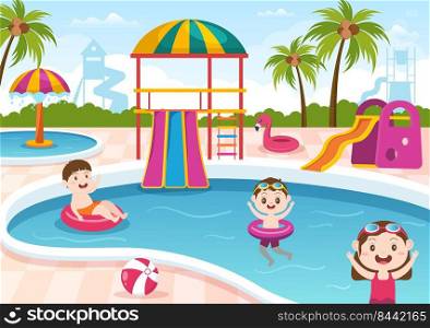 Water Park with Swimming Pool, Amusement, Slide, Palm Trees and the Children are Swim for Recreation and Outdoor Playground in Flat Cartoon Illustration