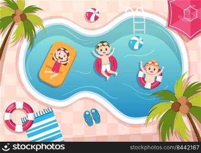 Water Park with Swimming Pool, Amusement, Slide, Palm Trees and the Children are Swim for Recreation and Outdoor Playground in Flat Cartoon Illustration