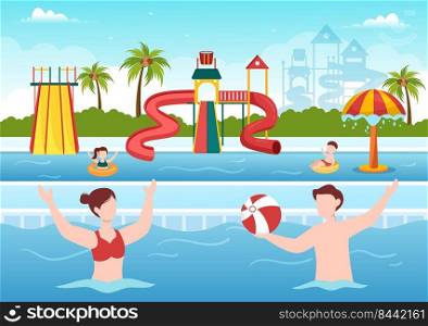 Water Park with Swimming Pool, Amusement, Slide, Palm Trees and the People are Swim for Recreation and Outdoor Playground in Flat Cartoon Illustration