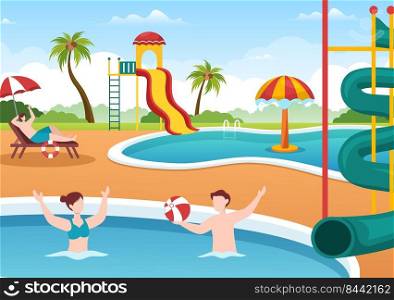 Water Park with Swimming Pool, Amusement, Slide, Palm Trees and the People are Swim for Recreation and Outdoor Playground in Flat Cartoon Illustration