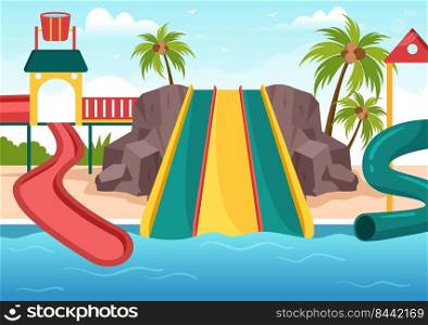 Water Park with Swimming Pool, Amusement, Slide, Palm Trees for Recreation and Outdoor Playground in Flat Cartoon Illustration