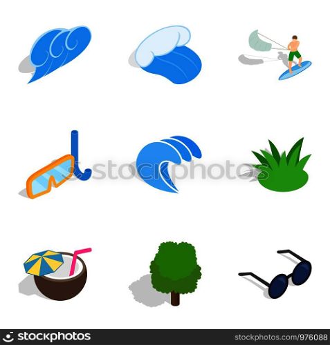 Water party icons set. Isometric set of 9 water party vector icons for web isolated on white background. Water party icons set, isometric style