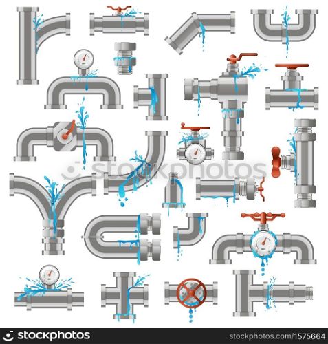 Water pipe leak. Broken damaged metal pipes, pipe leaky crack, industry metal tube pipes damage vector illustration icons set. Pipeline supply, leaking piping, damaged and leakage. Water pipe leak. Broken damaged metal pipes, pipe leaky crack, industry metal tube pipes damage vector illustration icons set