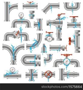 Water pipe leak. Broken damaged metal pipes, pipe leaky crack, industry metal tube pipes damage vector illustration icons set. Pipeline supply, leaking piping, damaged and leakage. Water pipe leak. Broken damaged metal pipes, pipe leaky crack, industry metal tube pipes damage vector illustration icons set