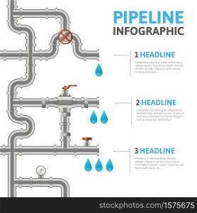 Water pipes infographic. Industry pipeline construction business process concept, metal tube pipes diagram vector background illustration. Pipe tube industrial, sewer system, sewerage piping. Water pipes infographic. Industry pipeline construction business process concept, metal tube pipes diagram vector background illustration