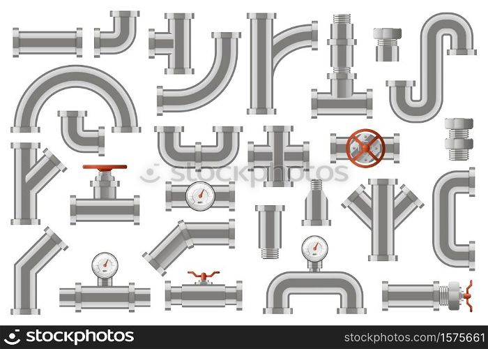 Water pipes. Metal pipelines construction, industrial metal tube pipes with counters, valves, rotary knobs isolated vector icons set. Tube metal and drainage, cross construction illustration. Water pipes. Metal pipelines construction, industrial metal tube pipes with counters, valves, rotary knobs isolated vector icons set