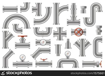 Water pipes. Metal pipelines construction, industrial metal tube pipes with counters, valves, rotary knobs isolated vector icons set. Tube metal and drainage, cross construction illustration. Water pipes. Metal pipelines construction, industrial metal tube pipes with counters, valves, rotary knobs isolated vector icons set