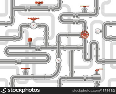 Water pipes system. Metal pipelines construction pattern, industry pipes with counters valves, pipelines construction vector background. Pattern sewerage construction, pipeline plumbing illustration. Water pipes system. Metal pipelines construction pattern, industry pipes with counters and valves, pipelines construction vector background