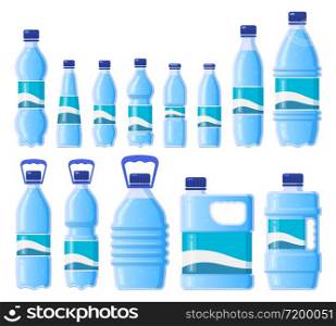 Water plastic bottle. Beverage plastic, glass packaging, bottled water, cold water storage. Drink bottles isolated vector illustration icons set. Bottle beverage, water drink plastic container. Water plastic bottle. Beverage plastic, glass packaging, bottled water, cold water storage. Drink bottles isolated vector illustration icons set