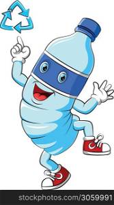 Water Plastic Bottle Cartoon Mascot Character pointing A Recycle Sign