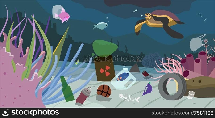 Water pollution background with sea creatures and garbage on bottom flat vector illustration