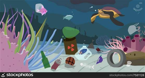 Water pollution background with sea creatures and garbage on bottom flat vector illustration