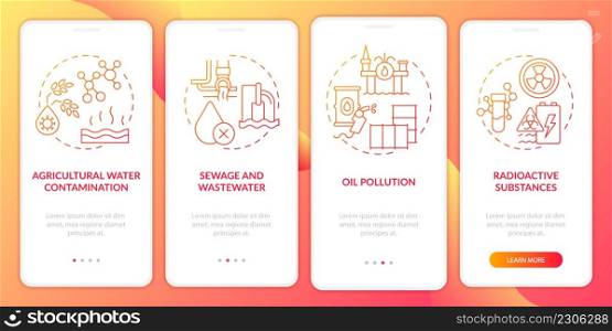 Water pollution causes red gradient onboarding mobile app screen. Walkthrough 4 steps graphic instructions pages with linear concepts. UI, UX, GUI template. Myriad Pro-Bold, Regular fonts used. Water pollution causes red gradient onboarding mobile app screen