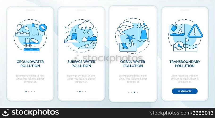 Water pollution classification blue onboarding mobile app screen. Walkthrough 4 steps graphic instructions pages with linear concepts. UI, UX, GUI template. Myriad Pro-Bold, Regular fonts used. Water pollution classification blue onboarding mobile app screen