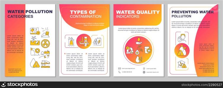 Water pollution classification red gradient brochure template. Prevention. Leaflet design with linear icons. 4 vector layouts for presentation, annual reports. Arial, Myriad Pro-Regular fonts used. Water pollution classification red gradient brochure template
