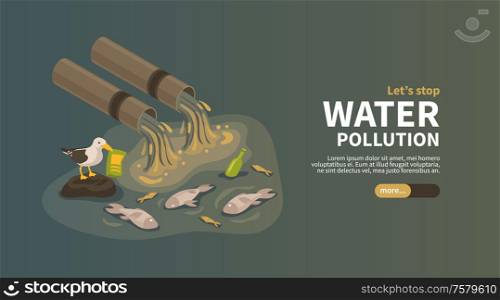 Water pollution from industry horizontal banner with industrial pipes polluting ocean with waste products isometric vector illustration