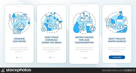 Water pollution solutions onboarding mobile app screen. Prevention steps walkthrough 4 steps graphic instructions pages with linear concepts. UI, UX, GUI template. Myriad Pro-Bold, Regular fonts used. Water pollution solutions onboarding mobile app screen