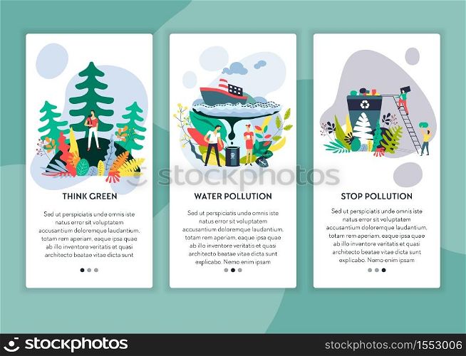 Water pollution think green and stop contamination web pages templates vector Forest plantation ship oil stains in ocean and garbage recycling and utilization green planet and Earth protection. Think green water pollution and stop contamination web pages templates