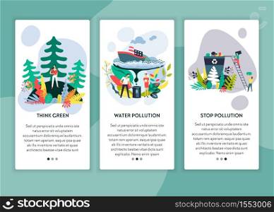 Water pollution think green and stop contamination web pages templates vector Forest plantation ship oil stains in ocean and garbage recycling and utilization green planet and Earth protection. Think green water pollution and stop contamination web pages templates
