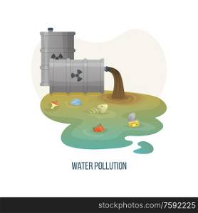 Water pollution vector, polluted liquid of dirty color with garbage and litter, organic waste apple , metal can and jar floating in river environmental. Concept for Earth day. Water Pollution River with Sewer and Dirt Waste