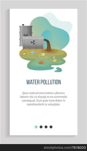 Water pollution vector, polluted liquid of dirty color with garbage and litter, organic waste apple , metal can and jar floating in river environmental. Earth day. Slider for ecology app, save planet. Water Pollution River with Sewer and Dirt Waste