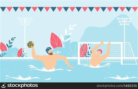 Water Polo Competition. Sports Match. Cartoon Sportsmen Characters Team, Ball and Gate with Nets. Advertising Flat Marine Design Banner. Flags Garland Decoration. Natural Scene. Vector Illustration. Water Polo Competition Advertising Flat Banner