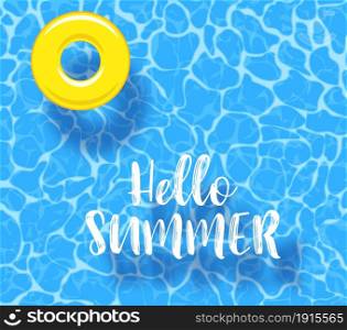 Water pool summer background with yellow pool float ring. Colorful vector poster template for summer holiday. Hello summer web banner. Vector illustration in flat style. Water pool summer