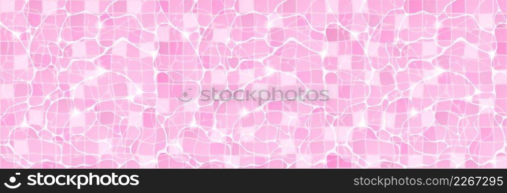 Water pool top view background with pink tiled floor and ripples on aqua surface. Swimming basin transparent liquid texture with shining sun rays light reflection, Realistic 3d vector illustration. Water pool top view background with pink tiled