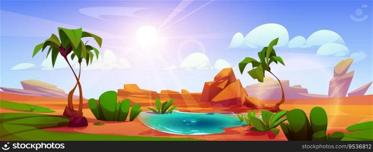 Water puddle and palm trees in hot desert. Vector cartoon illustration of rocky landscape with stones, natural oasis with small lake and green plants around, sun shining bright in blue sky with clouds. Water puddle and palm trees in hot desert