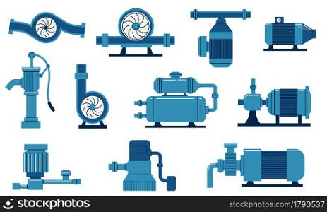Water pump. Electric machine with compressor, aqua tank and motor. Gas and oil plumbing system. Isolated cisterns with tube and valves. Industrial equipment set. Vector blue engineering construction. Water pump. Electric machine with compressor, aqua tank and motor. Gas and oil plumbing system. Cisterns with tube and valves. Industrial equipment set. Vector engineering construction