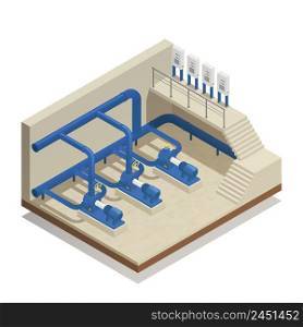 Water purification and cleaning facility element isometric composition with treatment plant pump system equipment vector illustration . Water Cleaning System Isometric Composition