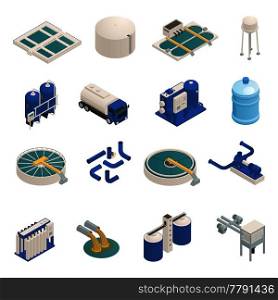 Water purification technology elements isometric icons collection with wastewater cleaning filtration and pumping units isolated vector illustration . Wastewater Purification Isometric icons Set