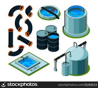 Water purification. Treatment watering cleaning system chemical laboratory vector isometric icons. Illustration of purification isometric system, reservoir tank water. Water purification. Treatment watering cleaning system chemical laboratory vector isometric icons