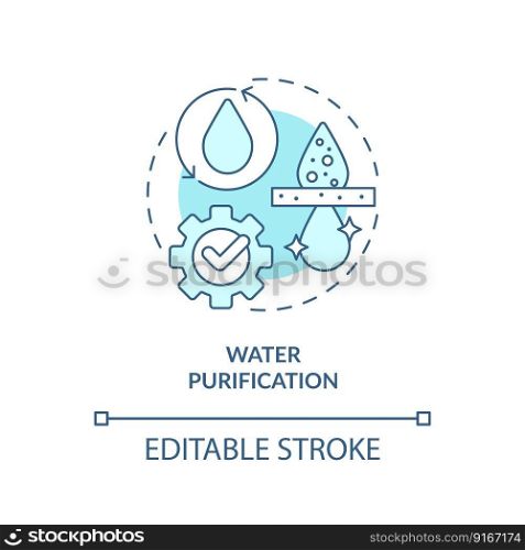 Water purification turquoise concept icon. Processing of sources. Aqua treatment abstract idea thin line illustration. Isolated outline drawing. Editable stroke. Arial, Myriad Pro-Bold fonts used. Water purification turquoise concept icon