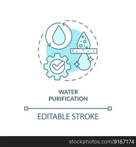 Water purification turquoise concept icon. Processing of sources. Aqua treatment abstract idea thin line illustration. Isolated outline drawing. Editable stroke. Arial, Myriad Pro-Bold fonts used. Water purification turquoise concept icon