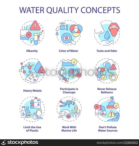 Water quality concept icons set. Protecting water from pollution idea thin line color illustrations. Beach cleanups. Isolated symbols. Editable stroke. Roboto-Medium, Myriad Pro-Bold fonts used. Water quality concept icons set