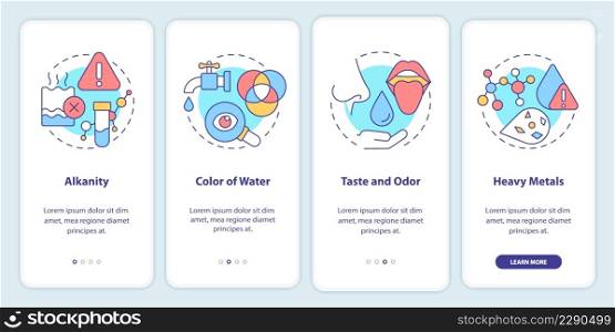 Water quality indicators onboarding mobile app screen. Color and taste walkthrough 4 steps graphic instructions pages with linear concepts. UI, UX, GUI template. Myriad Pro-Bold, Regular fonts used. Water quality indicators onboarding mobile app screen