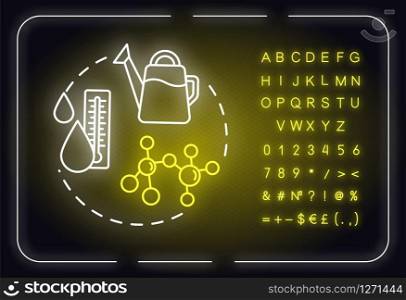 Water quality neon light concept icon. Rainwater or melted snow. Home gardening. Watering houseplants idea. Outer glowing sign with alphabet, numbers and symbol. Vector isolated RGB color illustration