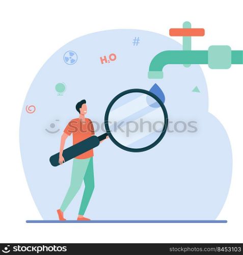 Water quality research. Man looking at water from tap through magnifying glass flat vector illustration. Chemistry, biology, safety concept for banner, website design or landing web page