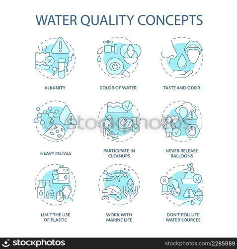 Water quality turquoise concept icons set. Protecting water idea thin line color illustrations. Work with marine life. Isolated symbols. Editable stroke. Roboto-Medium, Myriad Pro-Bold fonts used. Water quality turquoise concept icons set